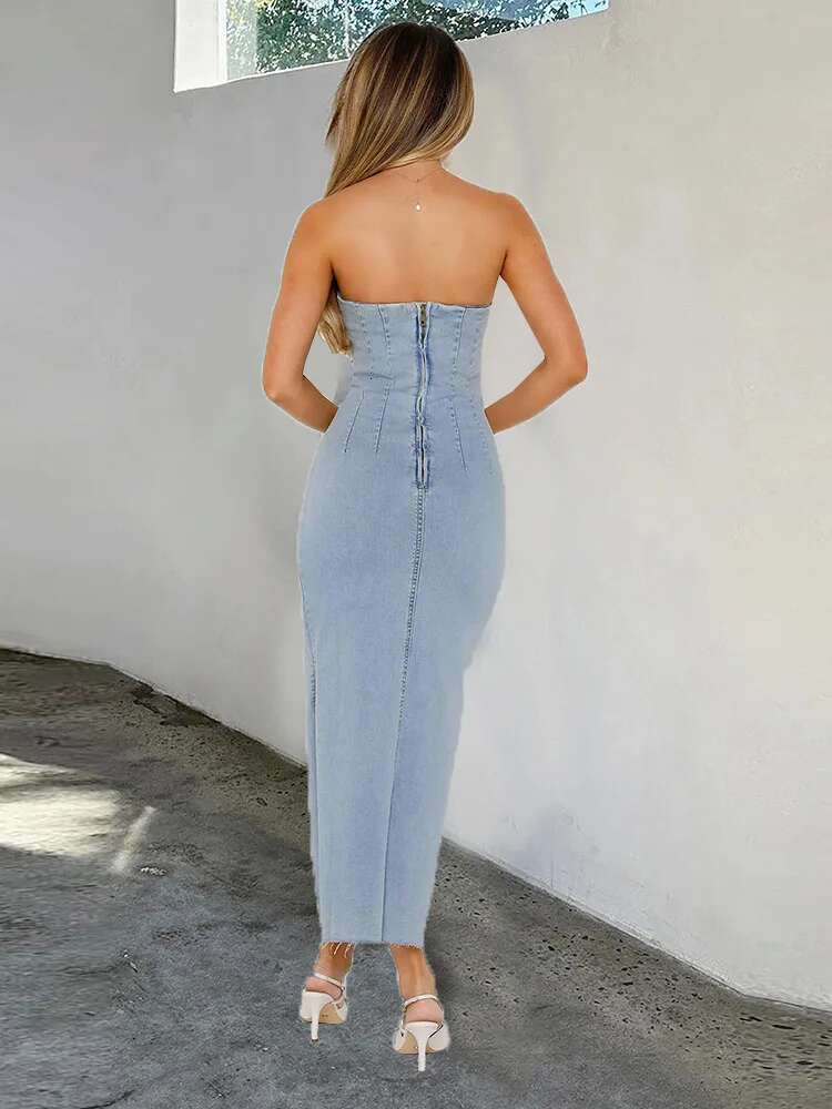 Dongdumaoyi Autumn New Elastic Denim Sexy Temperament Bandeau Slim Fit Split Women S Clothing Dress D