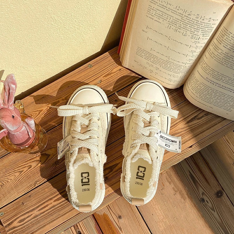 Baikuang 2022 New Autumn Small Fragrance Style Canvas Shoes for Women Low-top Korean Version Versatile Thick-soled Height-increasing White Shoes Trend