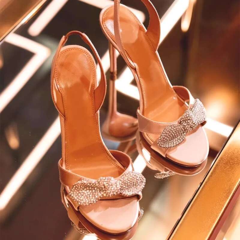 2025 summer new crystal bow tie satin open-toe sexy stilto-heeled high-heeled banquet dress small size women's sandals