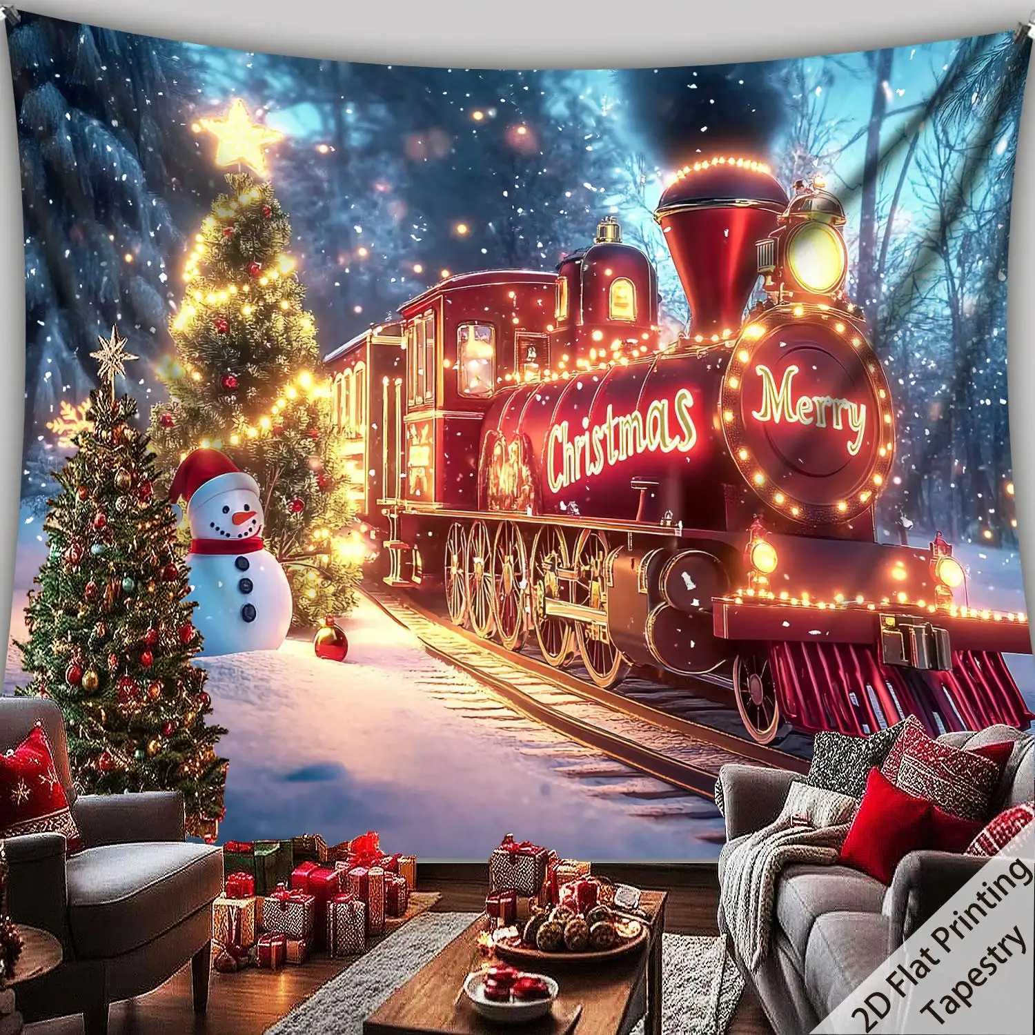 VIKAMA Christmas Train Tapestry Living Room Entryway Feature Wall Hanging Holiday Party Home Room DecorM251125