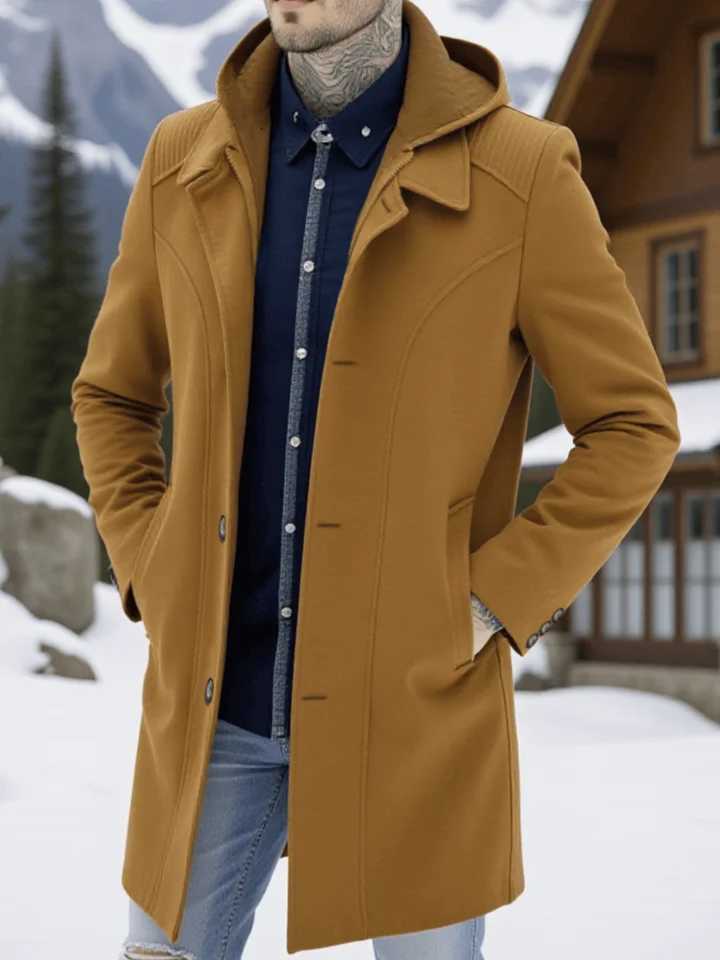 Mens Convertible Wool Coat Single-Breasted Zippered Hooded Wrinkle-Resistant Trench Style for City LifeT251125