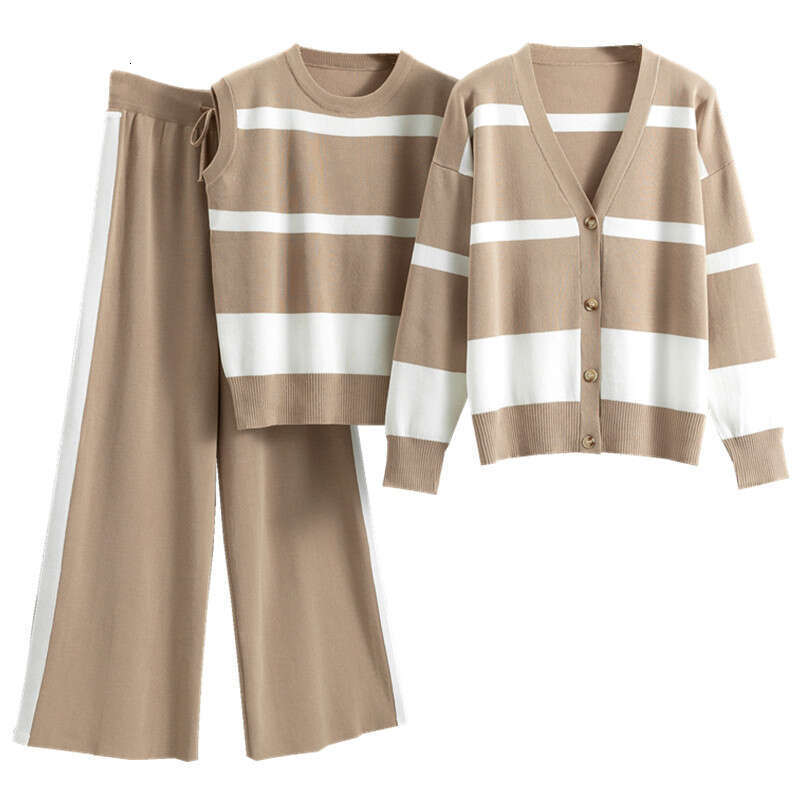 Wide Leg Pants Sports Striped Set for Women Autumn Winter Fashion Loose and Casual European Three Piece Set Trendy Temperament New Arrival New Product
