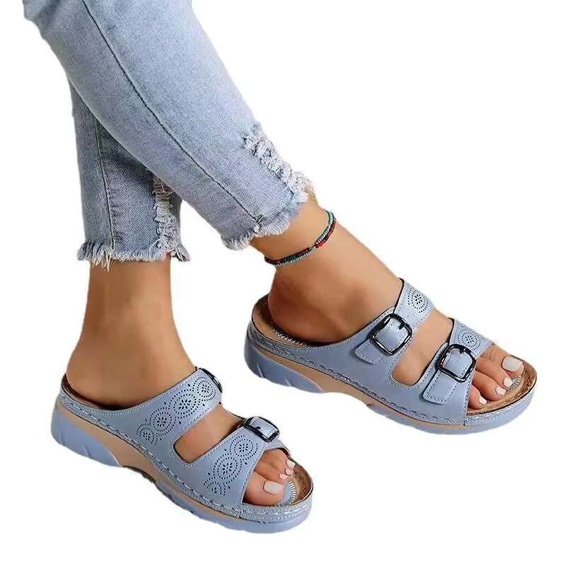 2024 Closed Toe Summer Shoes New Comfort Double Buckle Wedge Ladies Sandals Plus Size Platform Casual Slippers Women ddmykukumalu
