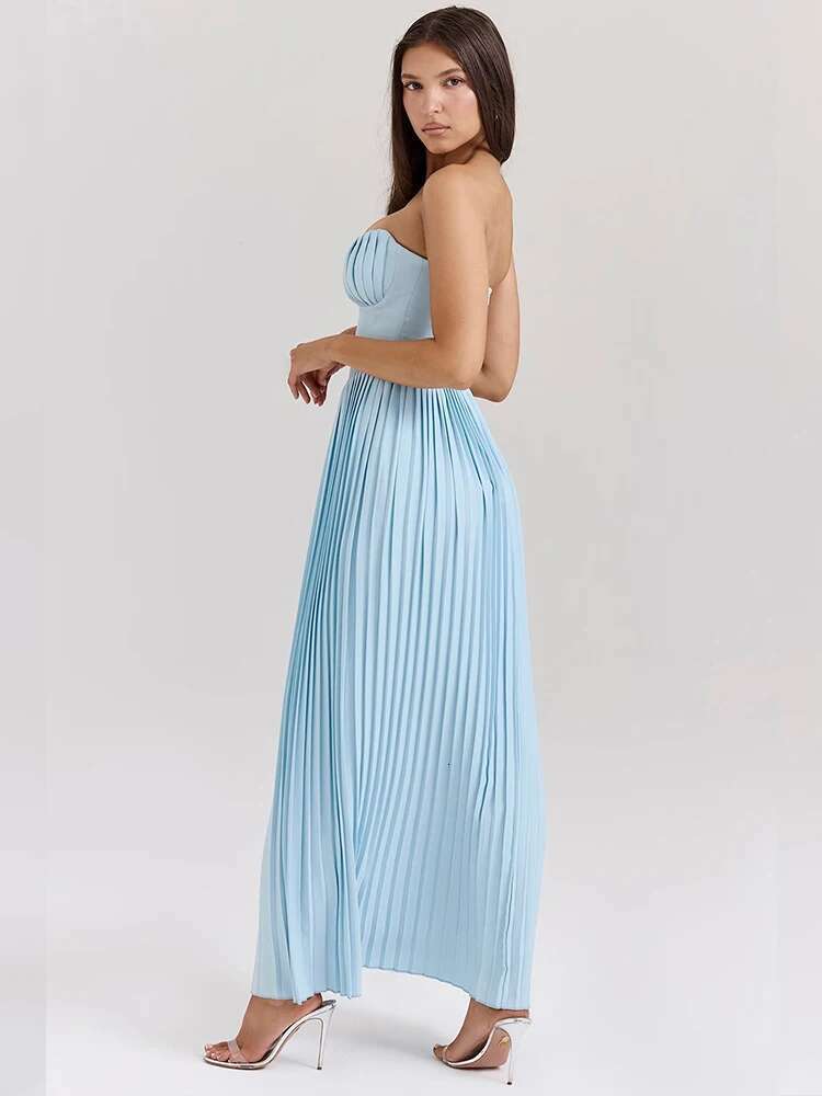 Dongdumaoyi Townlike Pleated Waist Wrap A Line Dress Women Strapless Summer Elegant Maxi Long Backless Sexy Party Dresses
