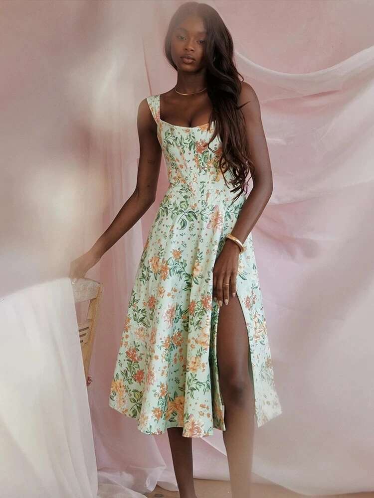 Dongdumaoyi Townlike Off Shoulder Midi Long A Line Dress Women Spaghetti Strap Spring Summer Print Split Sexy Party Dresses