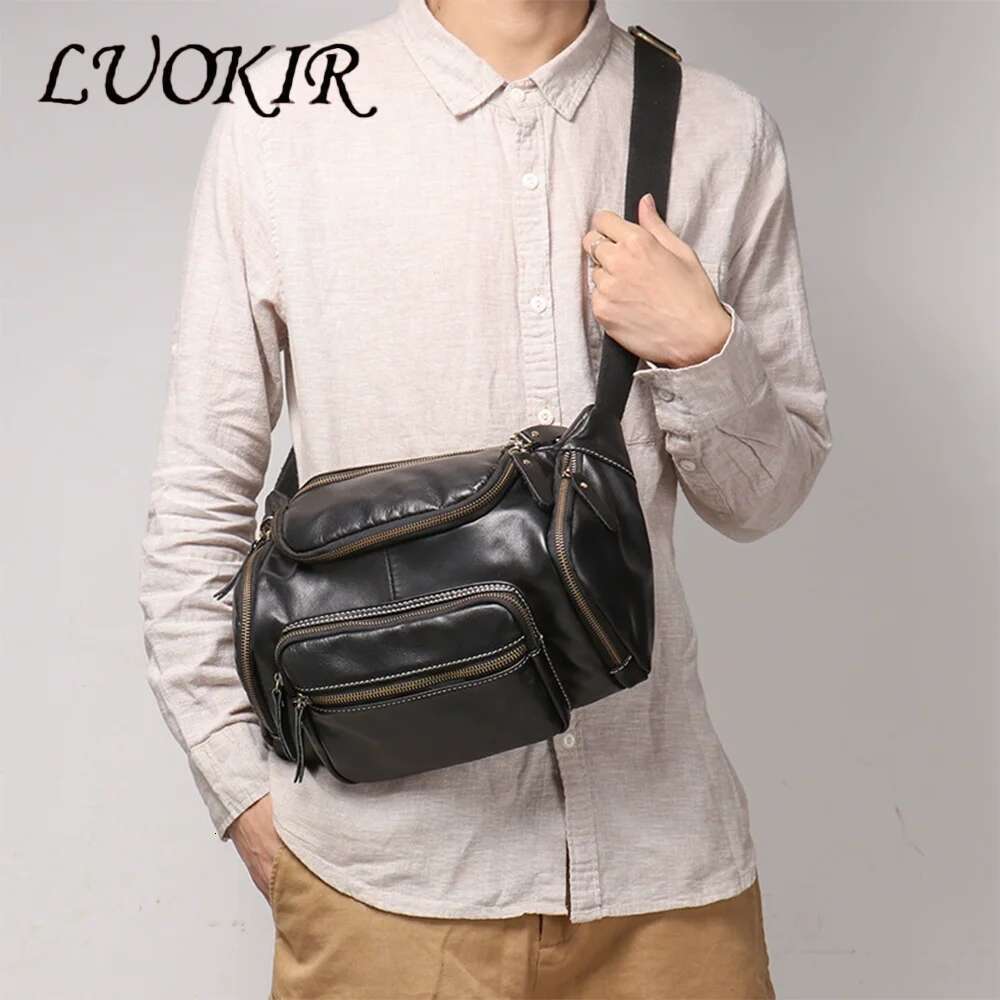 LUOKIR Genuine Men's Chest Large Capacity Oil Leather Waist Bag, Sports Cowhide Shoulder Crossbody Bag