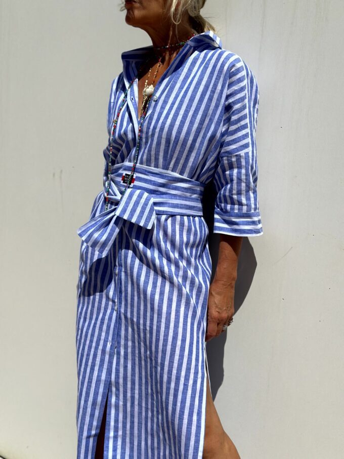 2024 Autumn Half Sleeve Striped Double Side Split Shirt Dress for Women
