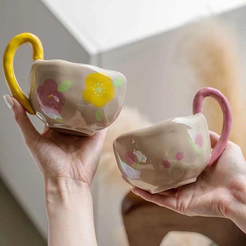 Creative Irregular Underglaze Color Hand-painted Flower Rough Pottery Mug Small Fresh Office Home Breakfast Coffee Cup Y251125