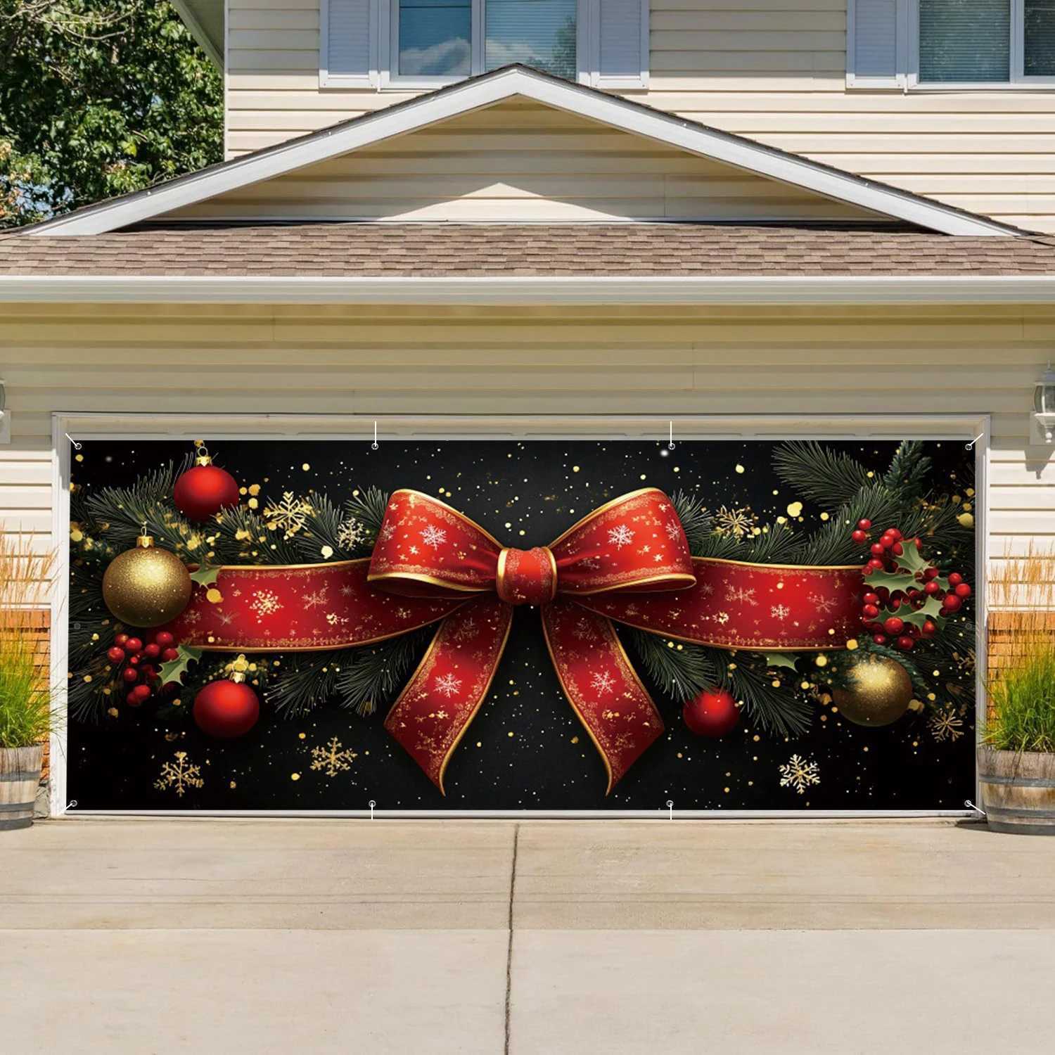 Luxury Christmas Garage Door Background Red Bows Ornaments Merry Christmas Party Holiday Outdoor Large Banner Decor BackdropM251125