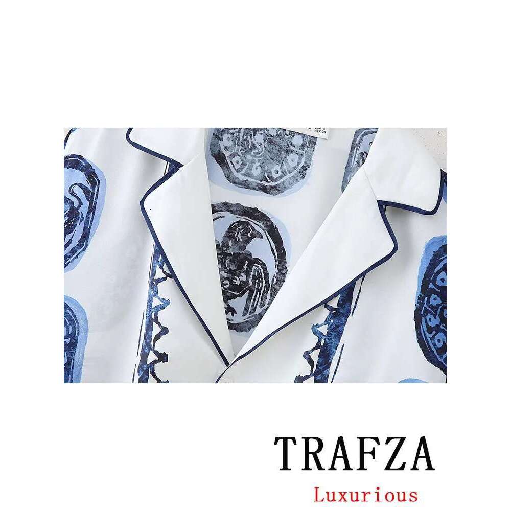Designer Clothes TRAFZA Vintage Casual Print Suit Single Breasted V Neck Shirts+Loose Wide Leg Long Pants Fashion Autumn Women Sets