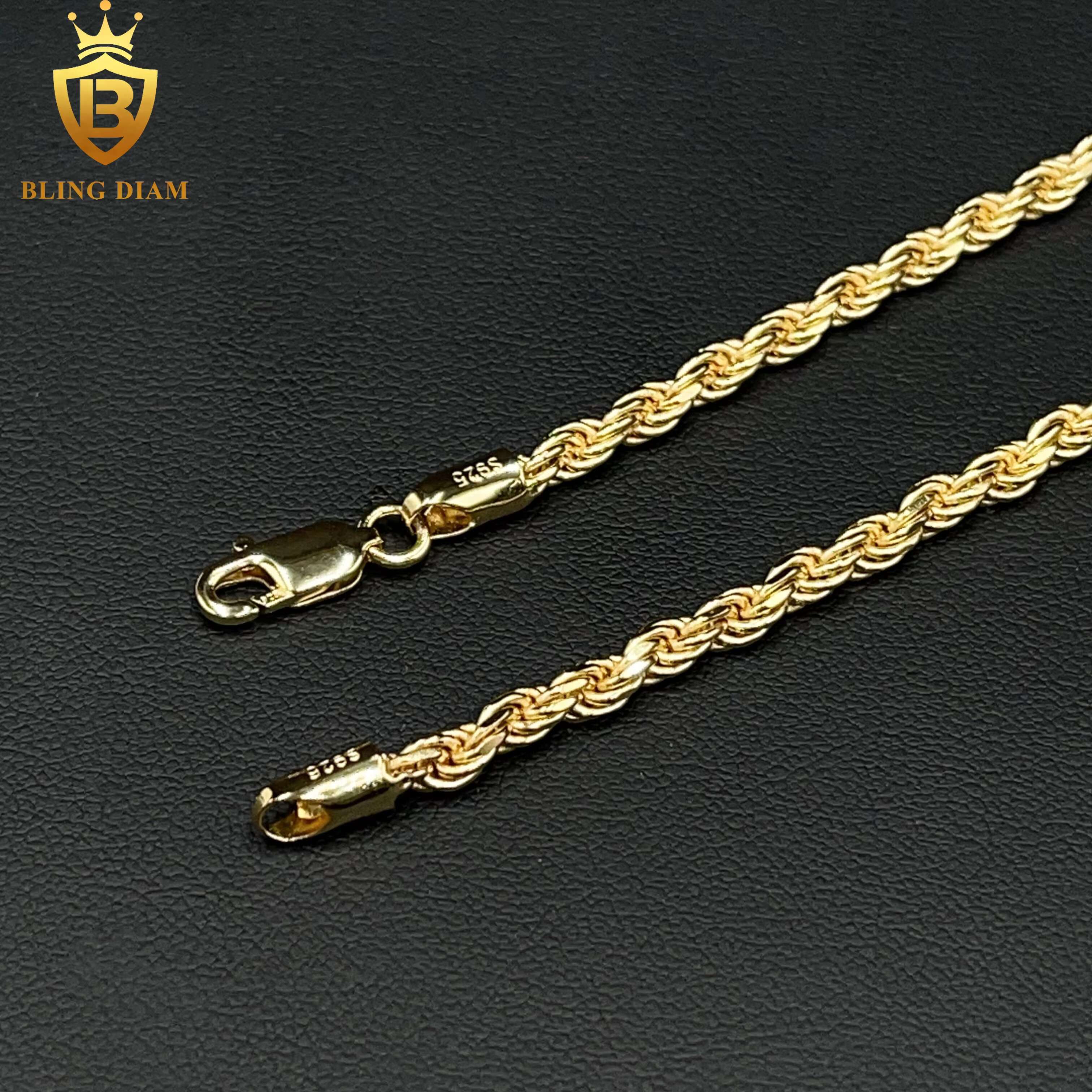 Wholesale 1.9mm-3.3mm Hip Hop Jewelry 925 Silver 14k 18K Gold Plated Franco Mens Rope Chain Necklace