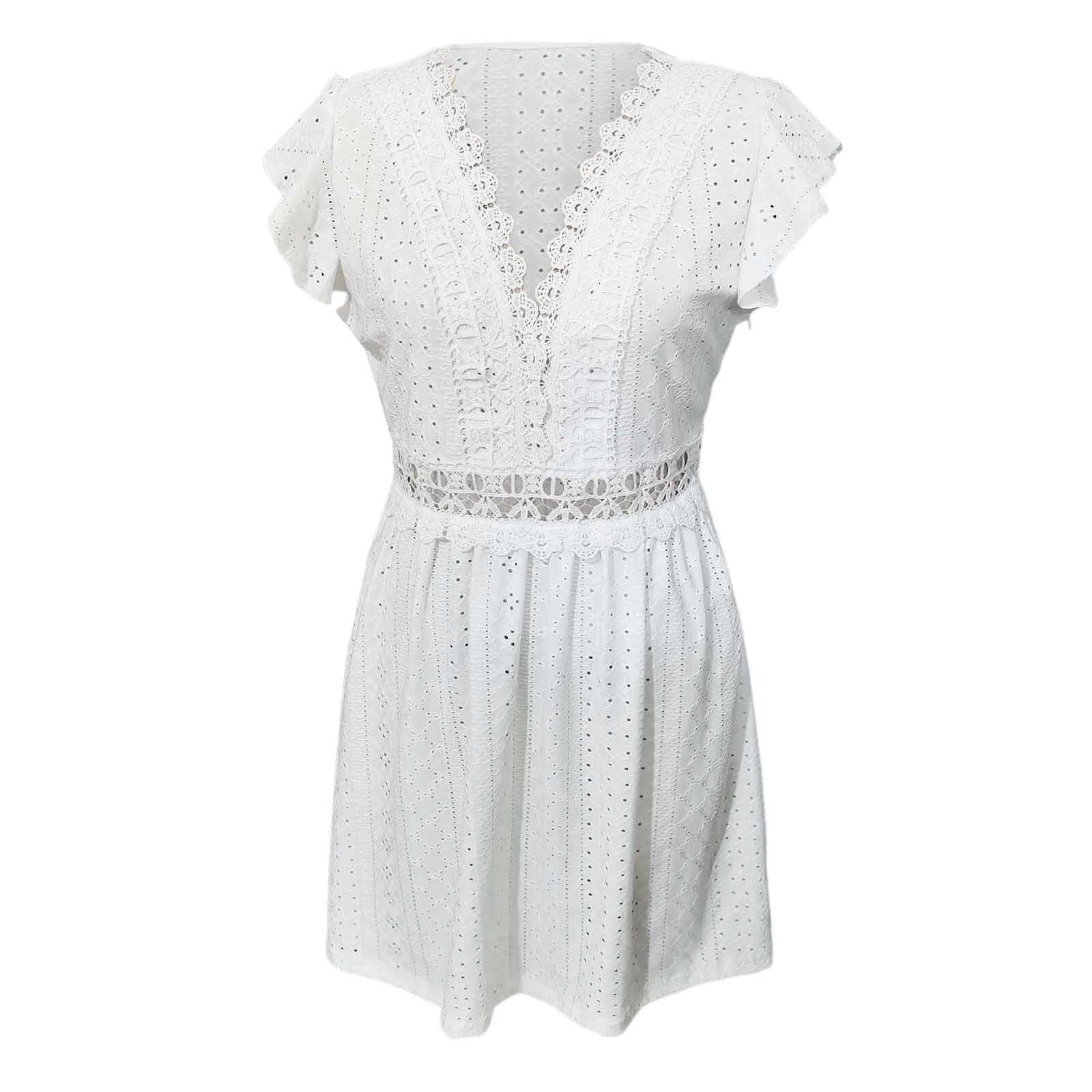 Dongdumaoyi Women White V Neck Beach Dress Solid Summer A Line Short Sleeve Casual Loose Sundress Holiday Baggy Long Robe