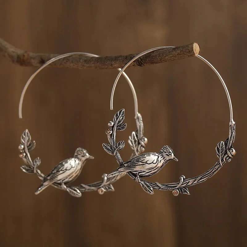 Vintage Animal Bird Leaf Round Sier Color Drop Earrings For Women Gift Jewelry