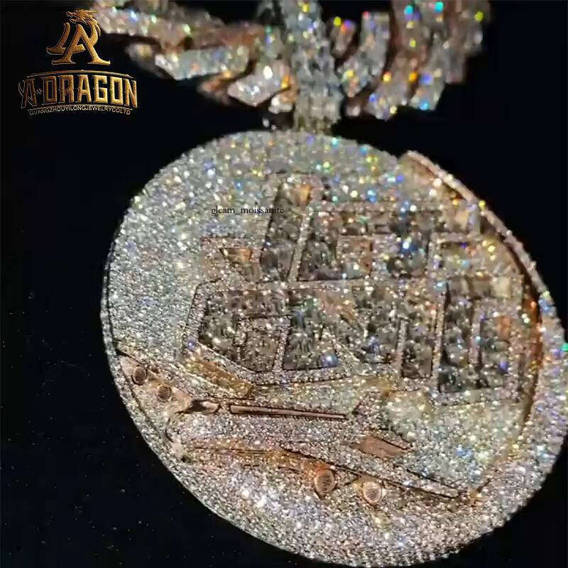 Iced VVS Moissanite Long Stick Coin Design Hip Hop Pendant Men's Cuban Chain