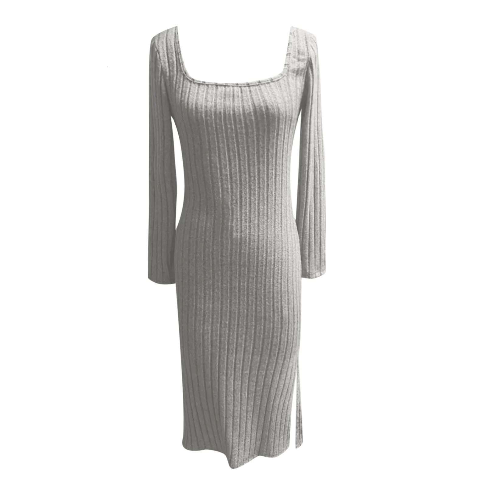 Dongdumaoyi Women S Sundresses Casual Long Sleeve Square Neck Midi Dress Knit Side Slit Ribbed Dresses Summer