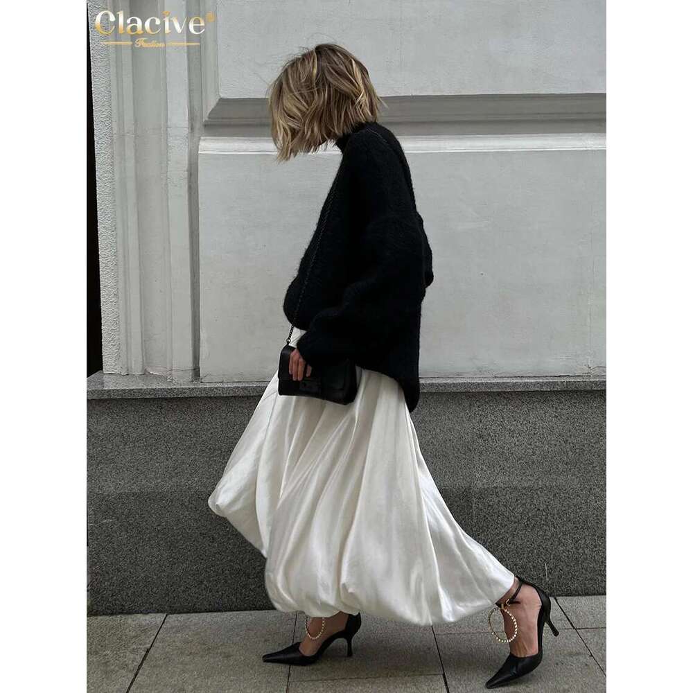 Clacive Fashion Beige Satin Skirts For Women Elegant High Waist Office Lady Ankle-Length Casual Loose Skirt Female Clothes