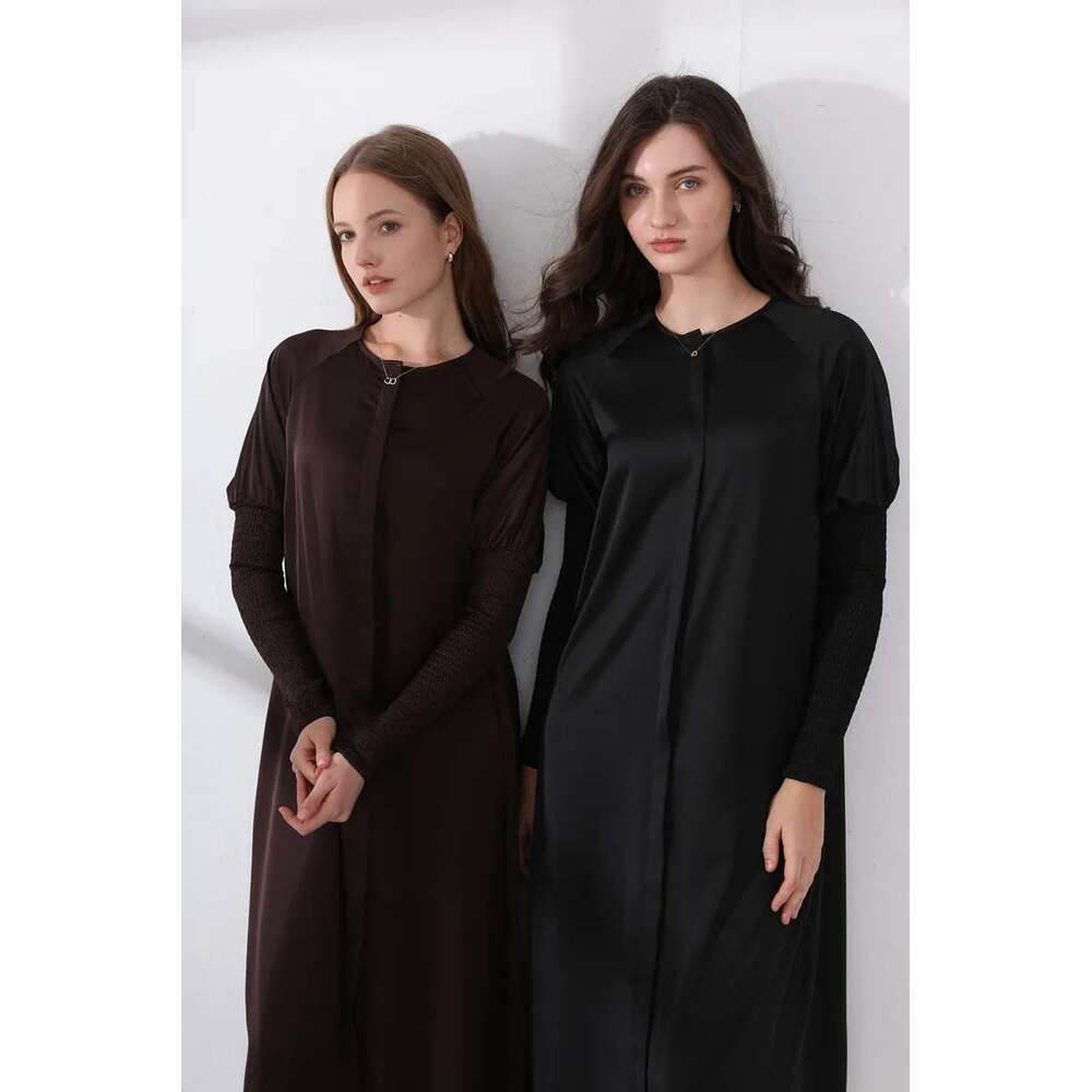 AS 2024 Woman Clothing Satin Button Down Design Smocking Sleeve Maxi Dress ( Ship Out In 1 Day)