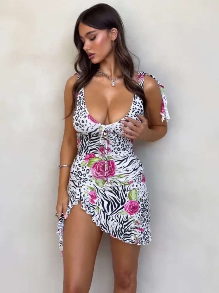 Dongdumaoyi Townlike Print Slim Bodycon Dress Women Spaghetti Strap Mini Summer V Neck Backless Nightclub Sexy Party Dresses