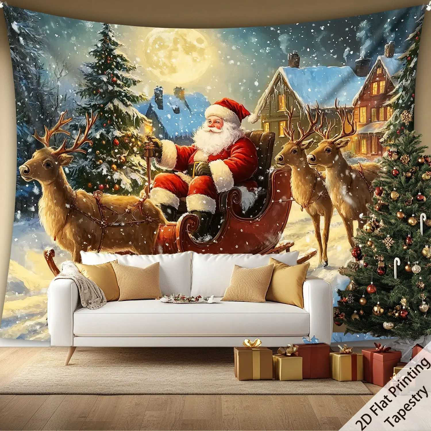 Winter Wonderland Tapestry Large Santa Sleigh with Reindeers Polyester Wall Decor for Indoor Outdoor Christmas Party BackgroundM251125