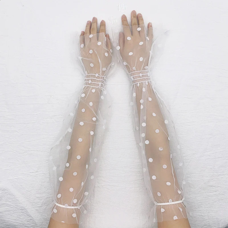 Summer Women White Black Dot Lace Long Tulle Arm Sleeve Gloves Sexy Anti-UV Mesh Cycling Driving Gloves Arm Cover Gloves 250424