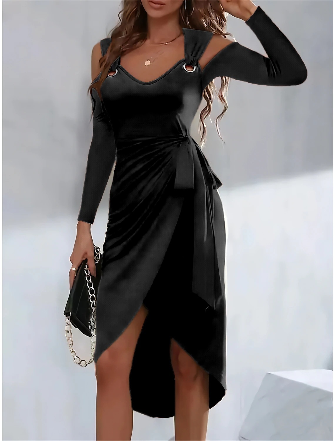 2023 Autumn/Winter New Solid Color Metal Buckle V-neck Strap Dress for Women