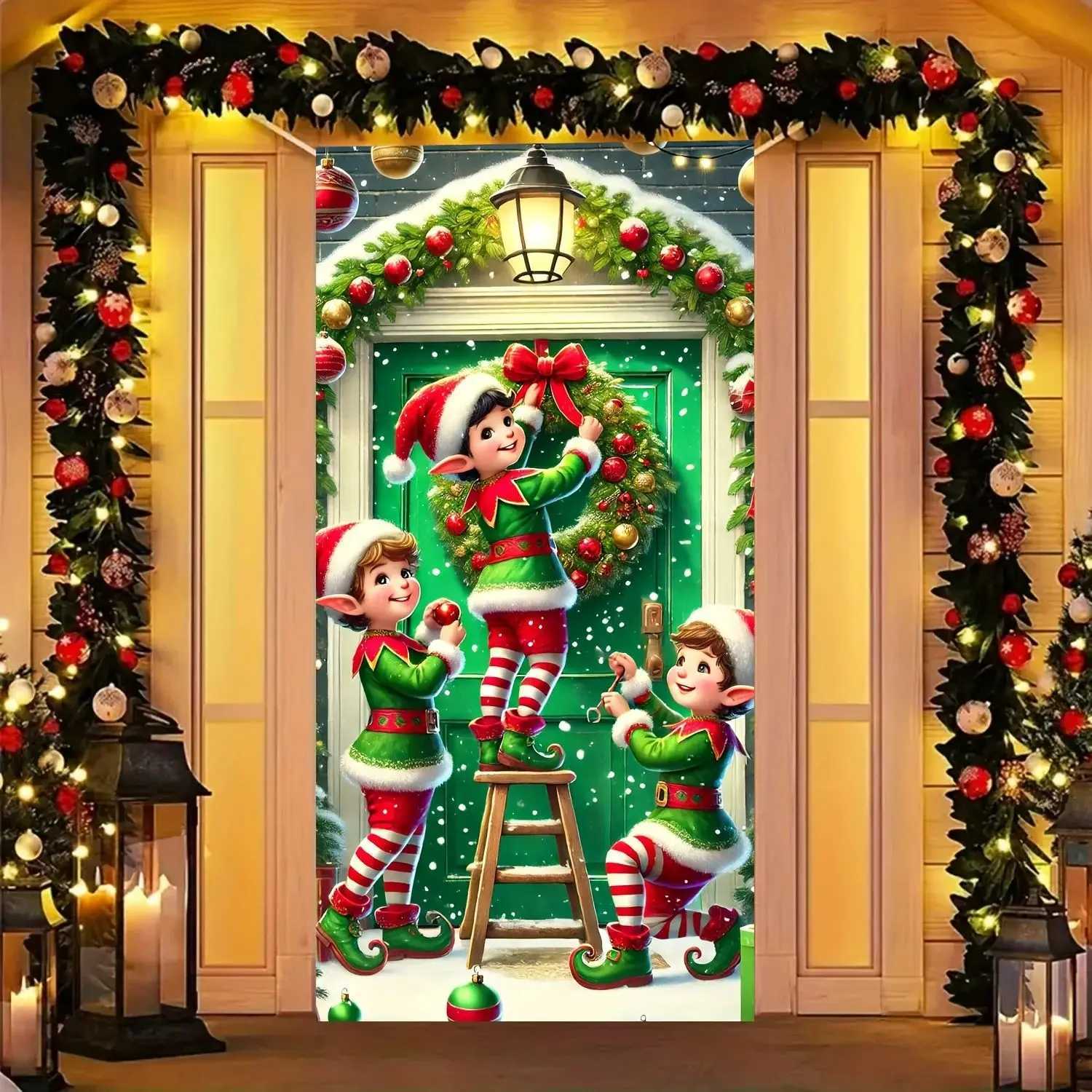 VIKAMA Christmas Elf Wreath Tapestry Door Curtain Holiday Decoration Suitable for Entrances Living Rooms and Party BackdropsM251125