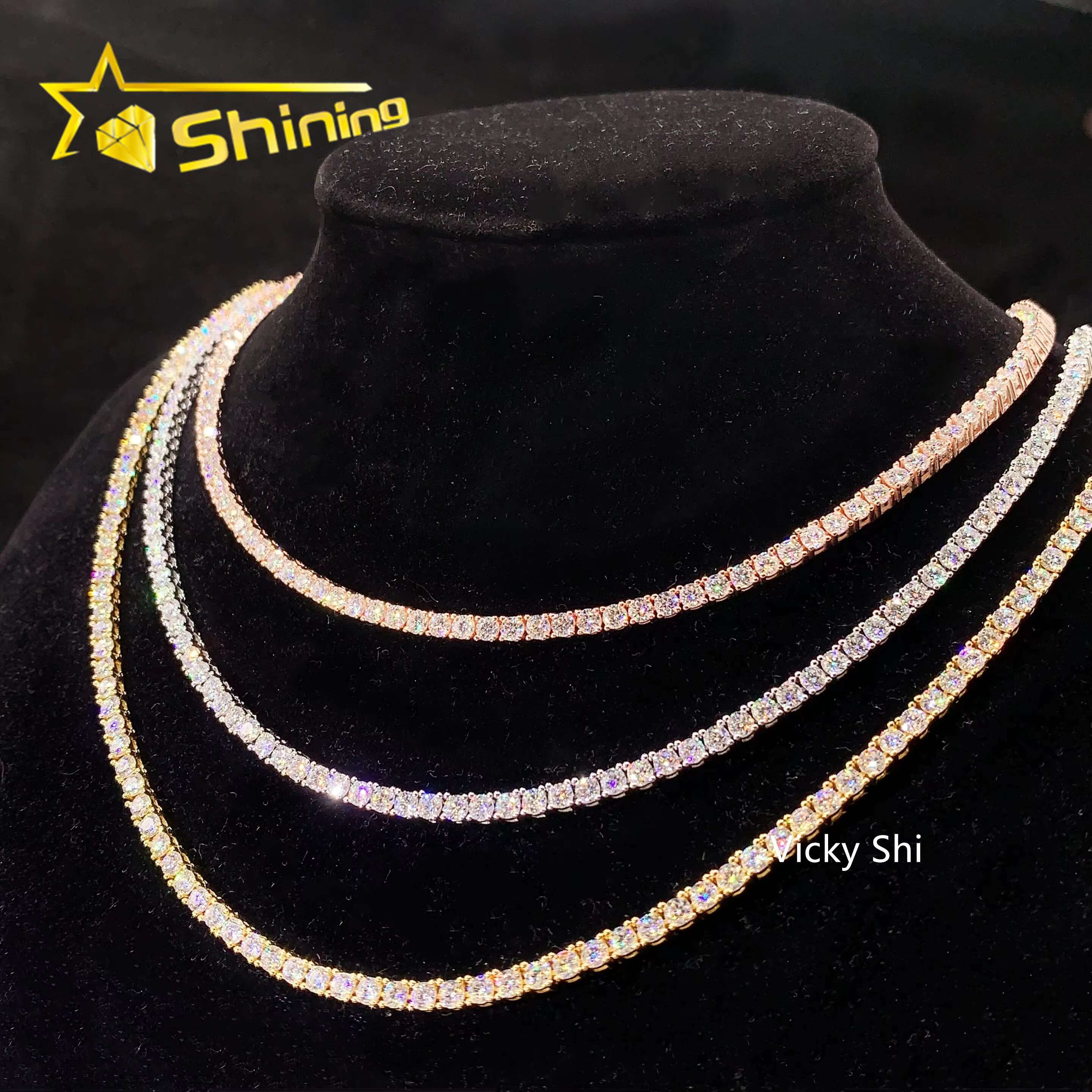 Fast Shipping Hip Hop Iced Out 3mm Moissanite Tennis Chain Men Women 925 Silver Moissanite Tennis Necklace GRA Certificated