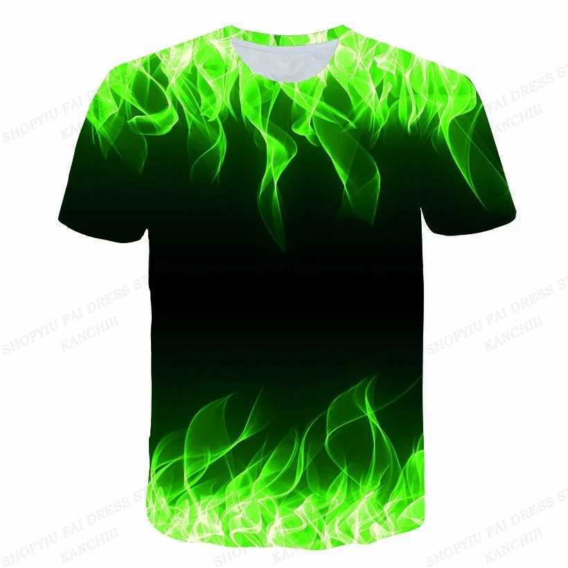 Summer mens T-shirt blue-green flame 3D printed T-shirt mens fashionable short sleeved T-shirt childrens hip-hop top T-shirt boys T-shirt W250425