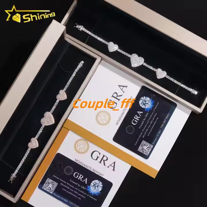 Worldwide Shipping 925 Silver Two Tone Three Heart Moissanite Tennis Bracelet Custom Men Women Hip Hop Moissanite Bracelets