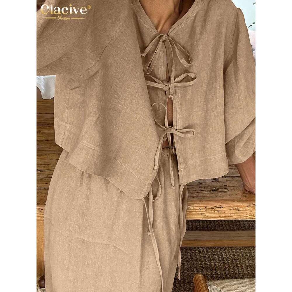 Clacive Casual Loose Khaki Cotton 2 Piece Sets Women Outfit Fashion Puff Sleeve Lace-Up Shirt With High Waist Long Skirts Set