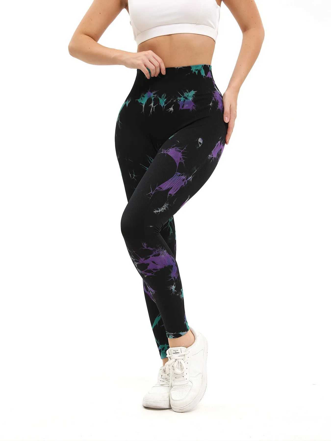 Womens new two tone tie dye printed yoga pants for quick drying seamless high waist and hip lifting training running and fitness pantsC250425