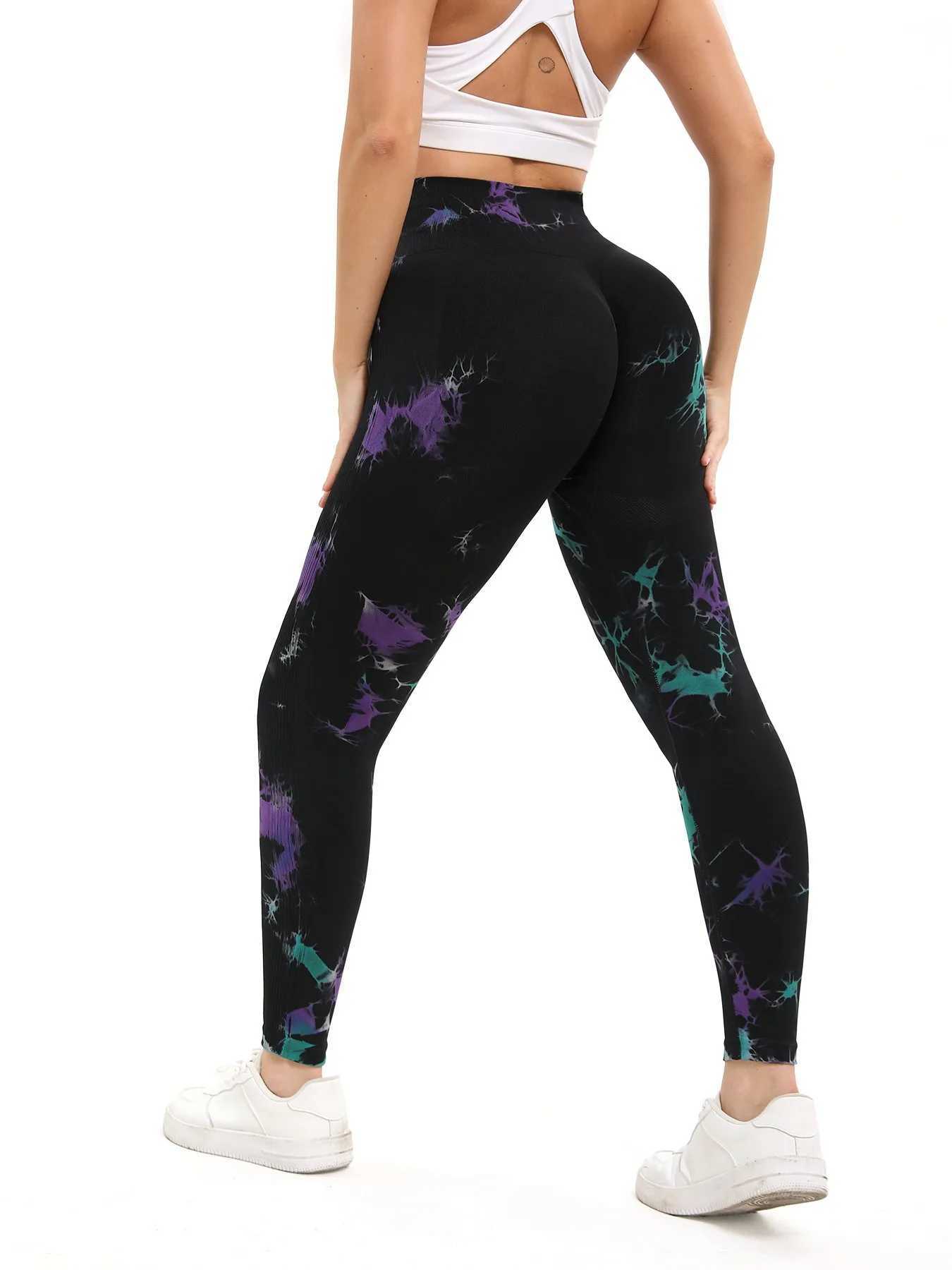 Womens new two tone tie dye printed yoga pants for quick drying seamless high waist and hip lifting training running and fitness pantsC250425