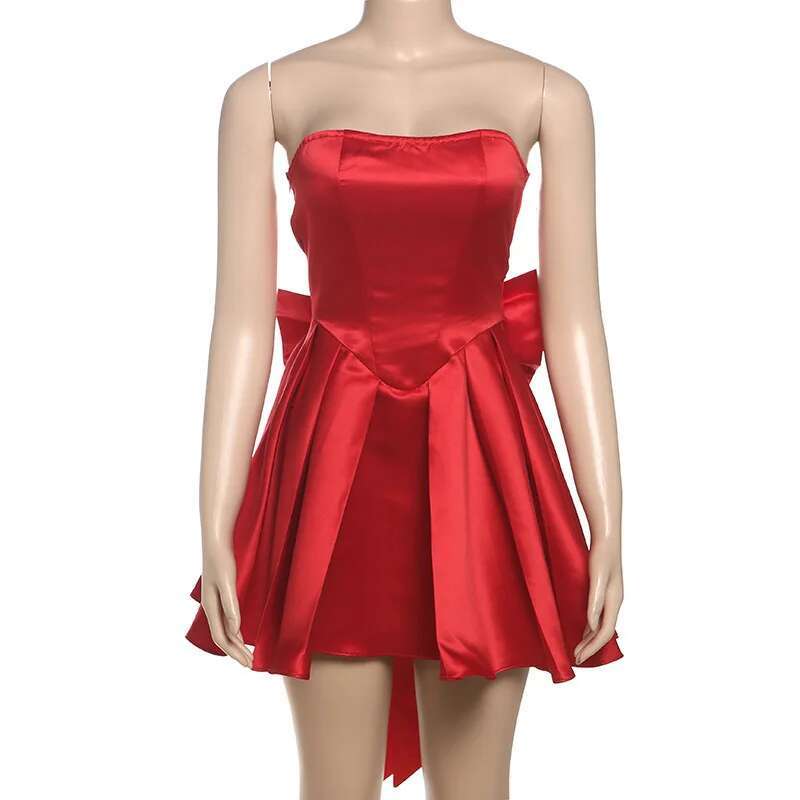 Dongdumaoyi Townlike Waist Wrap A Line Pleated Christmas Dress Women Mini Spring Summer Bow Backless Nightclub Sexy Party Dresses
