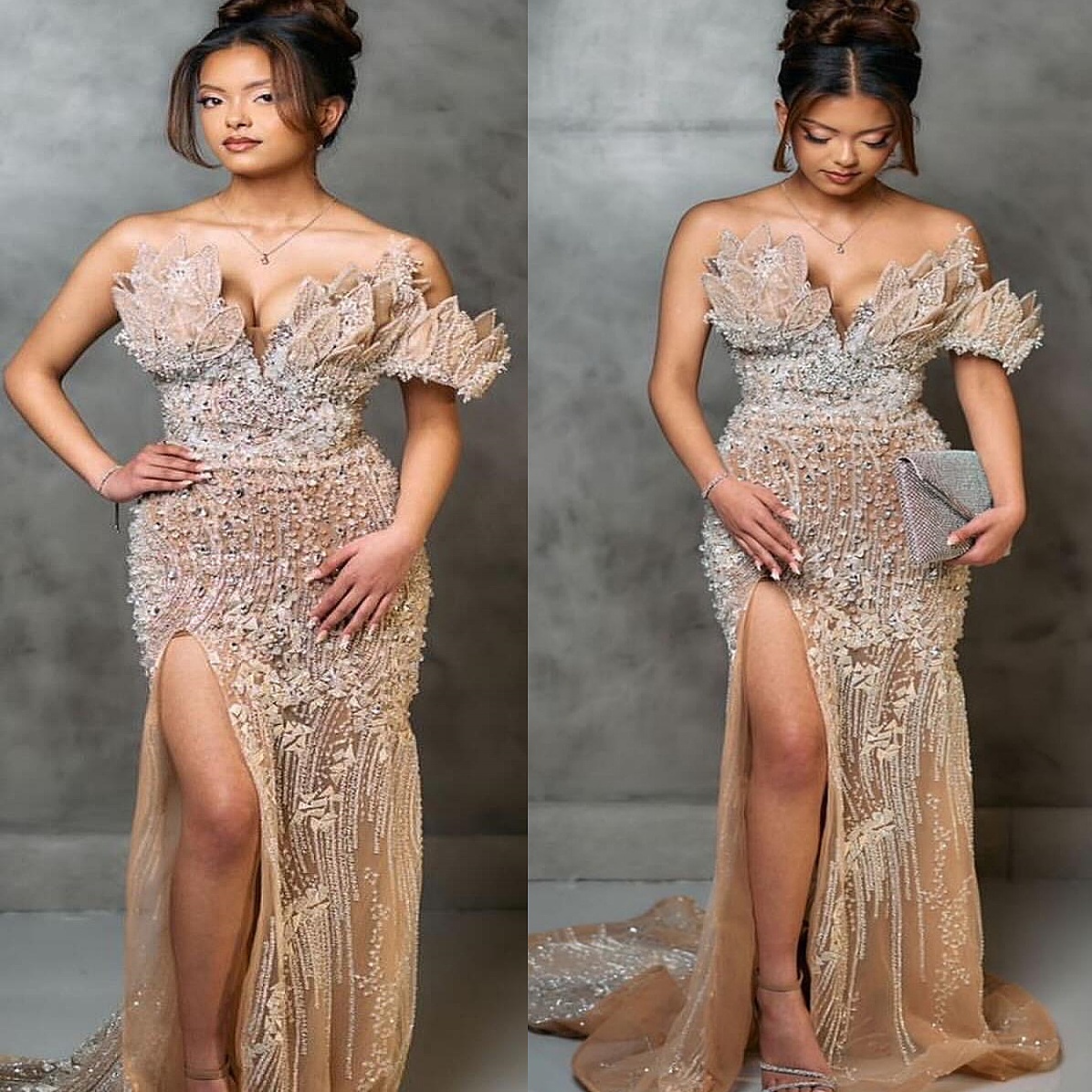 Champagne Mermaid Plus Size Prom Dresses 2025 Crystals Pearls Sequined Florals Evening Formal Party Second Birthday Engagement Gowns Dress For Special