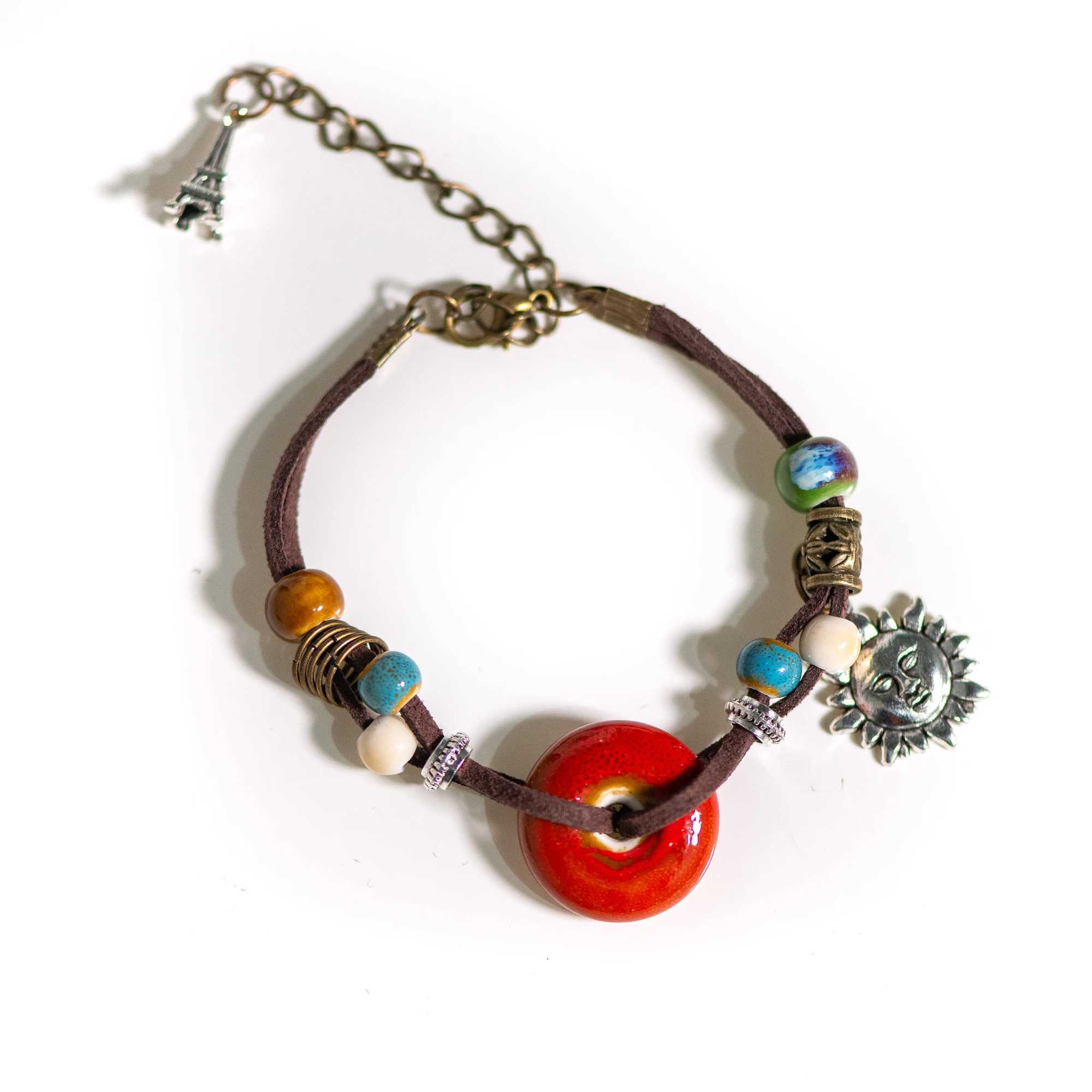 Bohemian Ceramic Sun Bracelet with Adjustable Chain Handcrafted Velvet and Alloy Design J251125