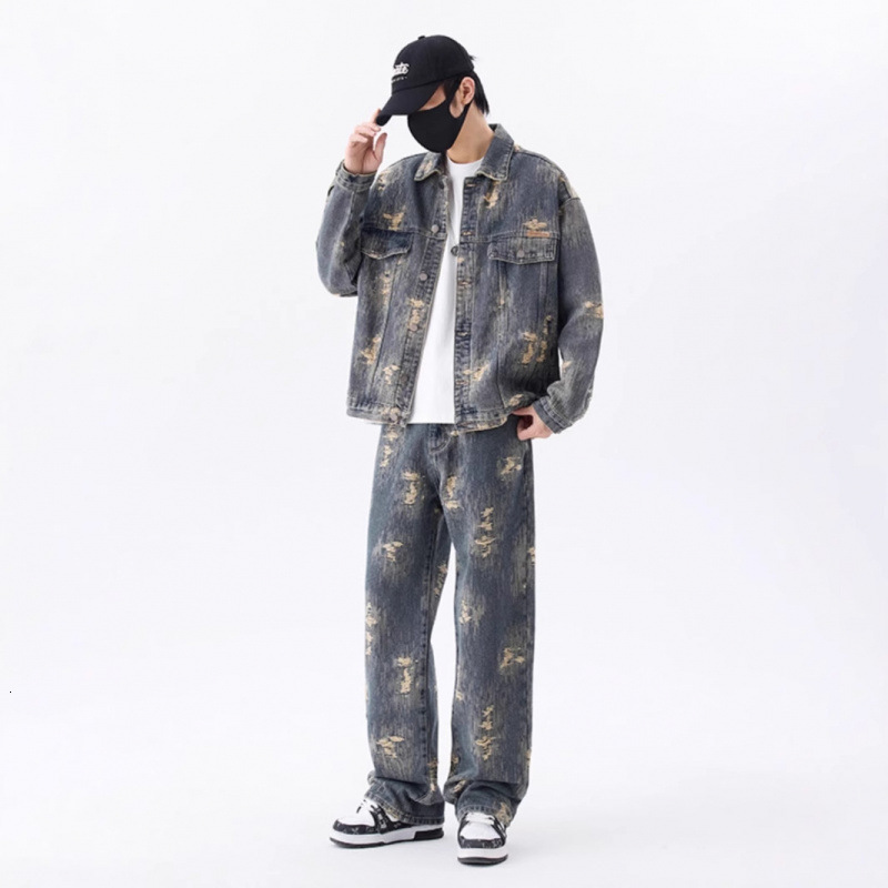 American Style Trendy Jacquard Denim Jacket for Men Spring and Autumn New High Street Stylish Loose Straight Jeans Set 250902