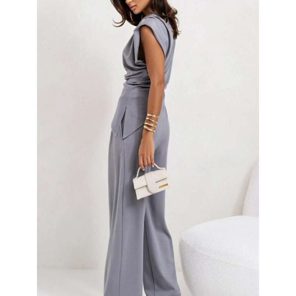 2025 Summer Fashion New Women's Two Piece High Street Elegant Round Neck Irregular Top Elastic Waist Wide Leg Pants Set