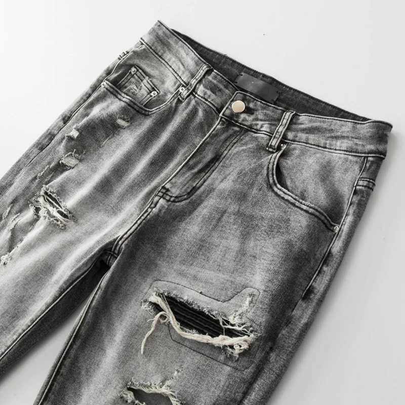 Fashion Mens High Streetwear Distressed Gray Stretch Skinny Ribs Patchwork Ripped Jeans Comes With Orignal Tags Y251124