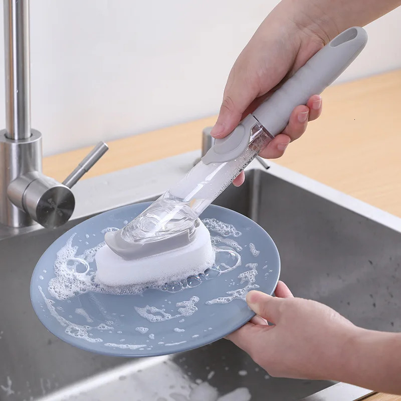 Kitchen cleaning brush 2in1 long handle with detachable sponge dispenser dishwasher kitchen tools 250425