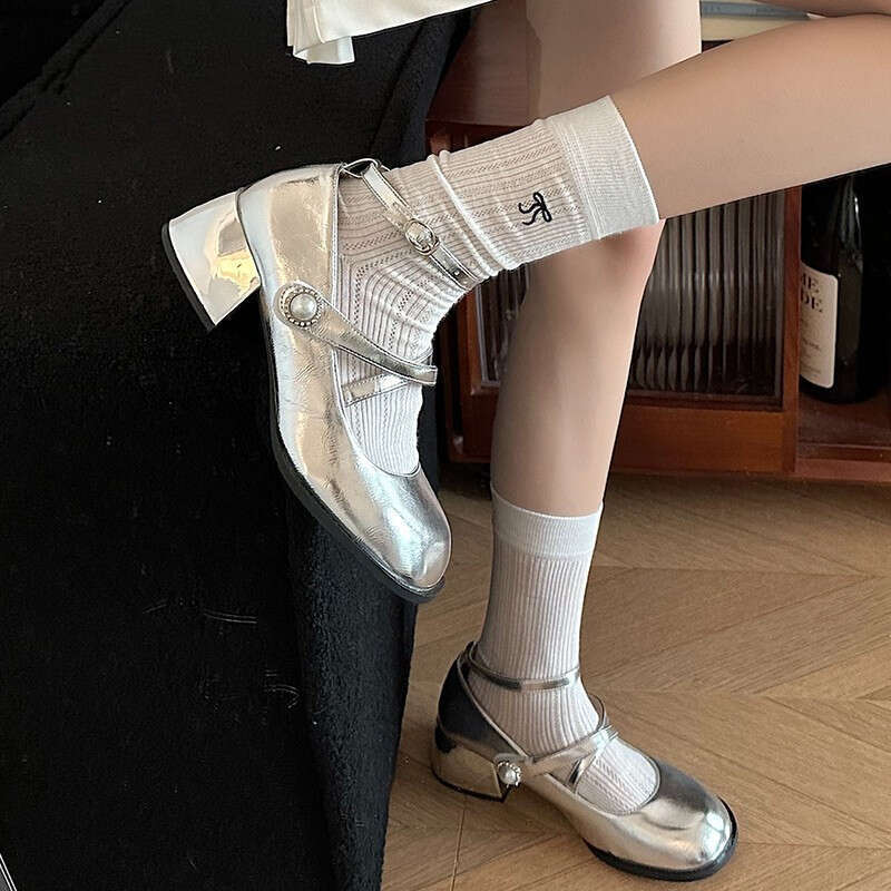 Silver French single shoe square toe Mary Jane college style small leather shoes, elegant