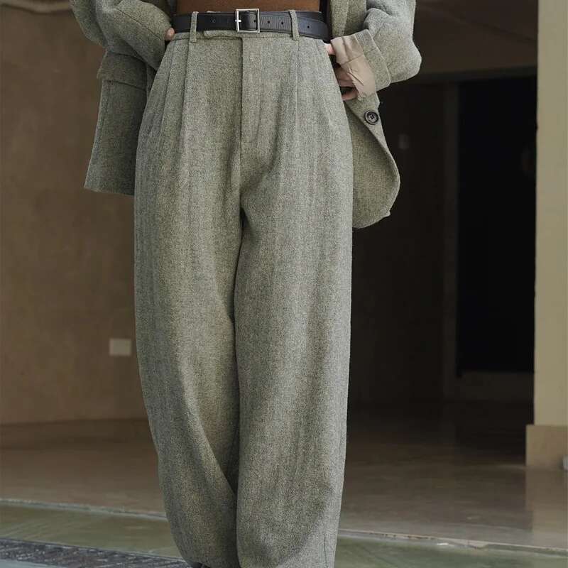 Women's High Waist Wide Leg Pants Autumn Winter Wool Casual Solid Color Loose Fit Trousers
