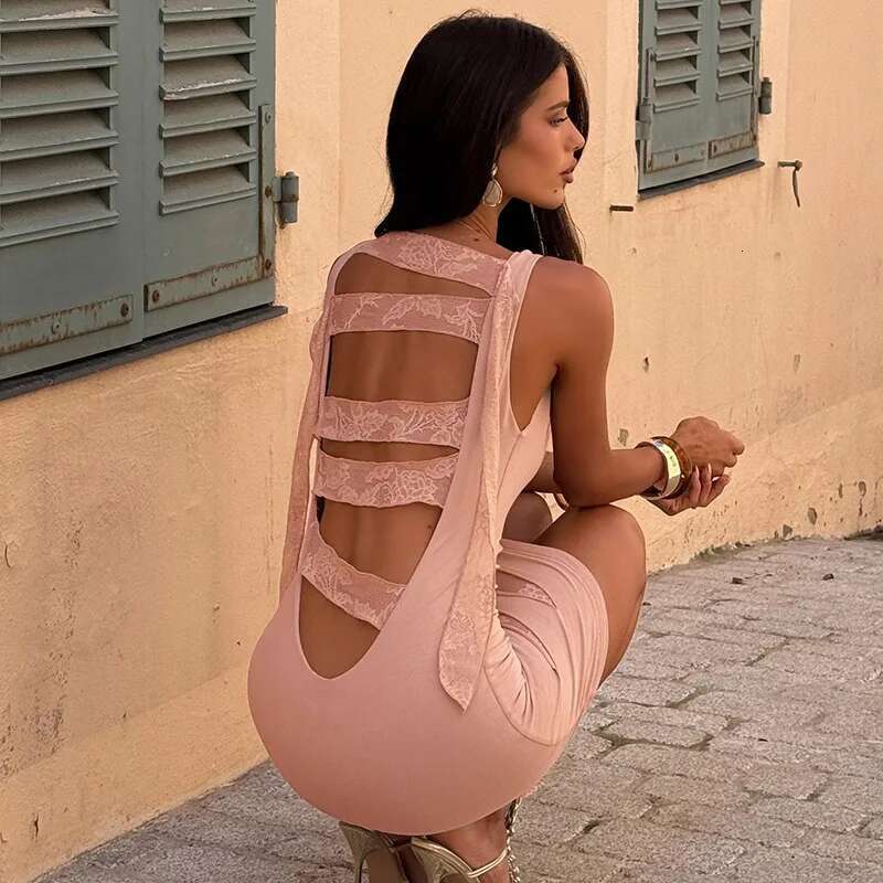 Dongdumaoyi Townlike Ribbon Lace Patchwork Slim Bodycon Dress Women Mini Spring Summer V Neck Nightclub Sexy Party Dresses