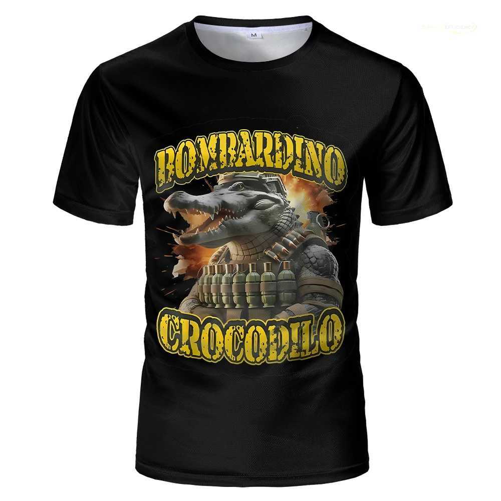AI Brainrot animal graphic T-shirt Bombardiro crocodile print fun and humorous mens T-shirt womens loose top childrens clothing W250425