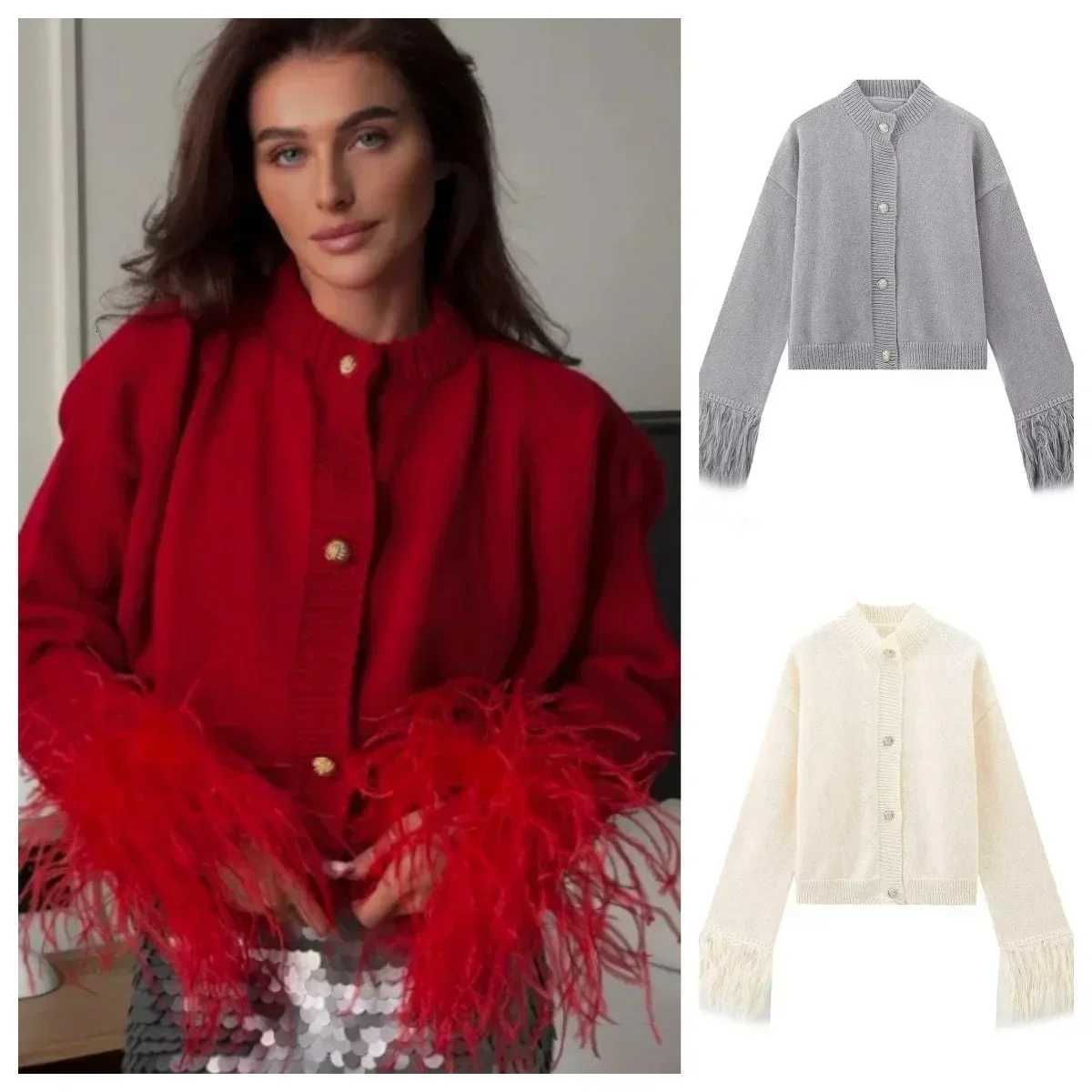 Feather Patchwork Cardigan Women Knit Fashion Single Breasted Turtleneck Loose Long Sleeve Top Sweaters Party Casual Chic CoatT251125