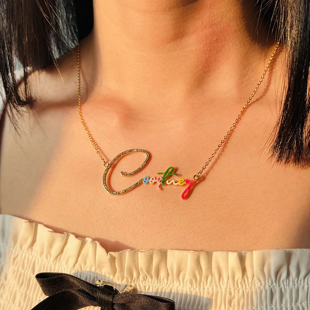 DODOAI Custom Name Necklace Rainbow Nameplate Zircon Pendant Necklaces Fashion Jewelry For Women Personalized Gifts 250425