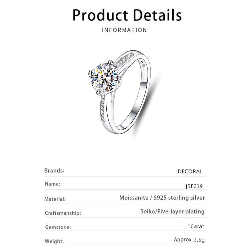 Factory Wholesale 1Carat Moissanite Ring Four Claw Temperament Womens Engagement Wedding Luxury Romantic Ring