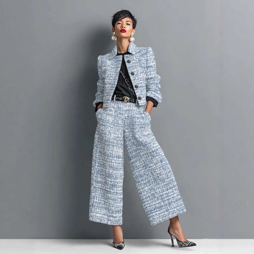 Cross Border New Turn Down Collar Slim Fit Women S Fashion European And American Style Long Sleeve Short Jacket With Wide Leg Pants Set Luxury Designe