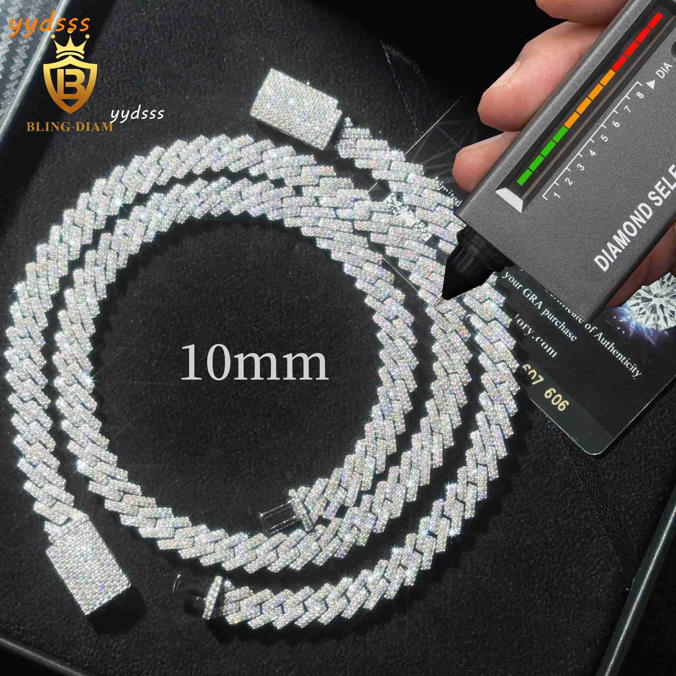 Fashion Rapper Jewelry 10mm Cuban Link Chain 925 Silver Hip Hop Chain Moissanite Diamond Iced out Cuban Link Necklace for Men