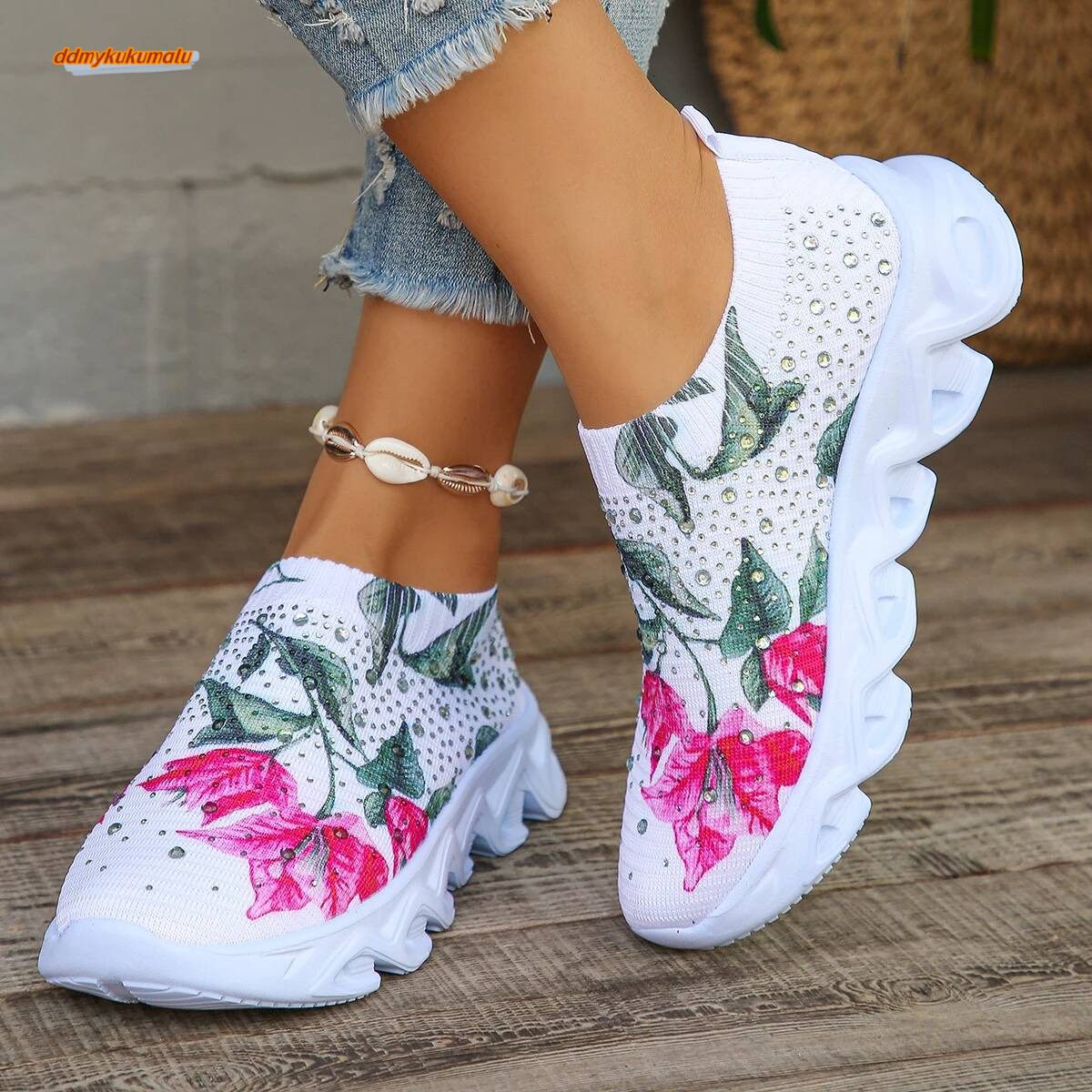 Crystal Floral Women's Knitted Sneakers Summer 2024 New Breathable Air Mesh Casual Shoes Woman Light Weight Walking Sports Flats ddmykukumalu