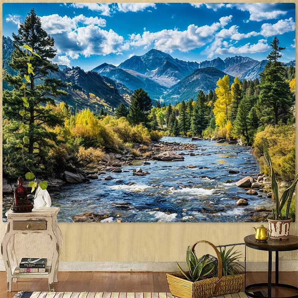 1 natural style polyester tapestry showcasing forest mountain scenery green pine trees white clouds and flowing rivers suitaM251125